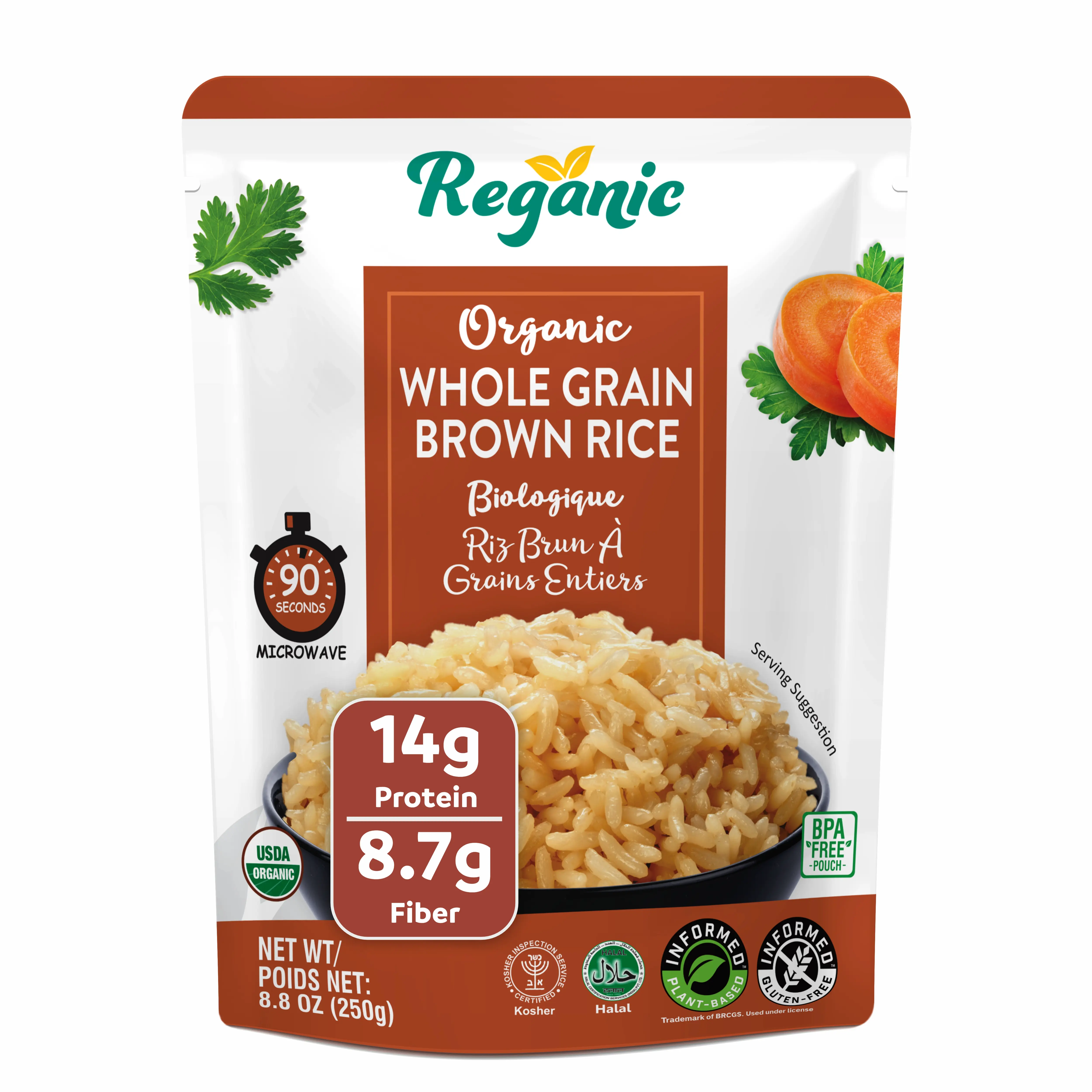 Reganic Organic Whole Grain Brown Rice Microwaveable Heat & Eat Rice, 8.8 Ounce (Pack of 6) Carb Fiber