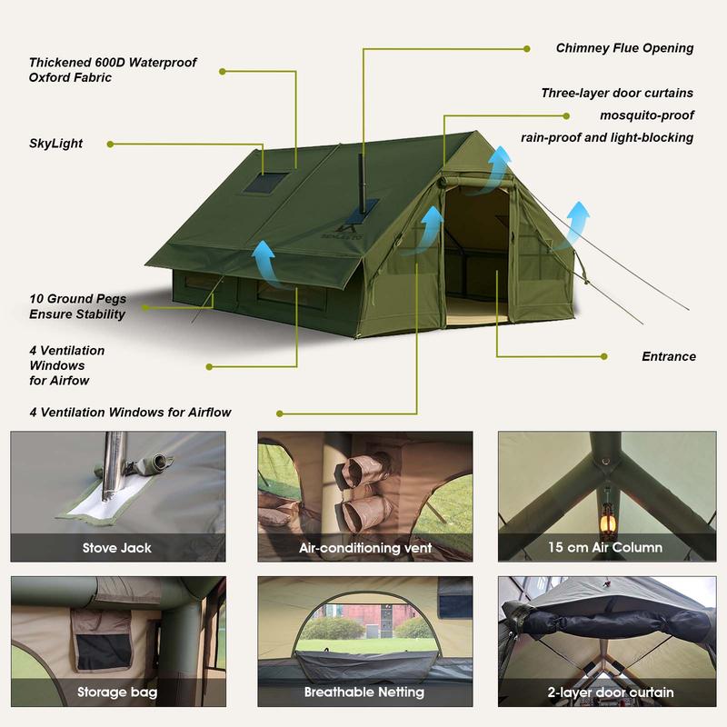 SENLEETO Luxury 129 sq ft Inflatable Camping Tent for 8-10 People Waterproof Blow-Up House with Rainfly Insulated Tents