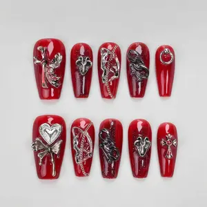 S79 Red mid-length trapezoidal nails/Press on nails/Gothic style/personalized design/detachable and reusable false nails