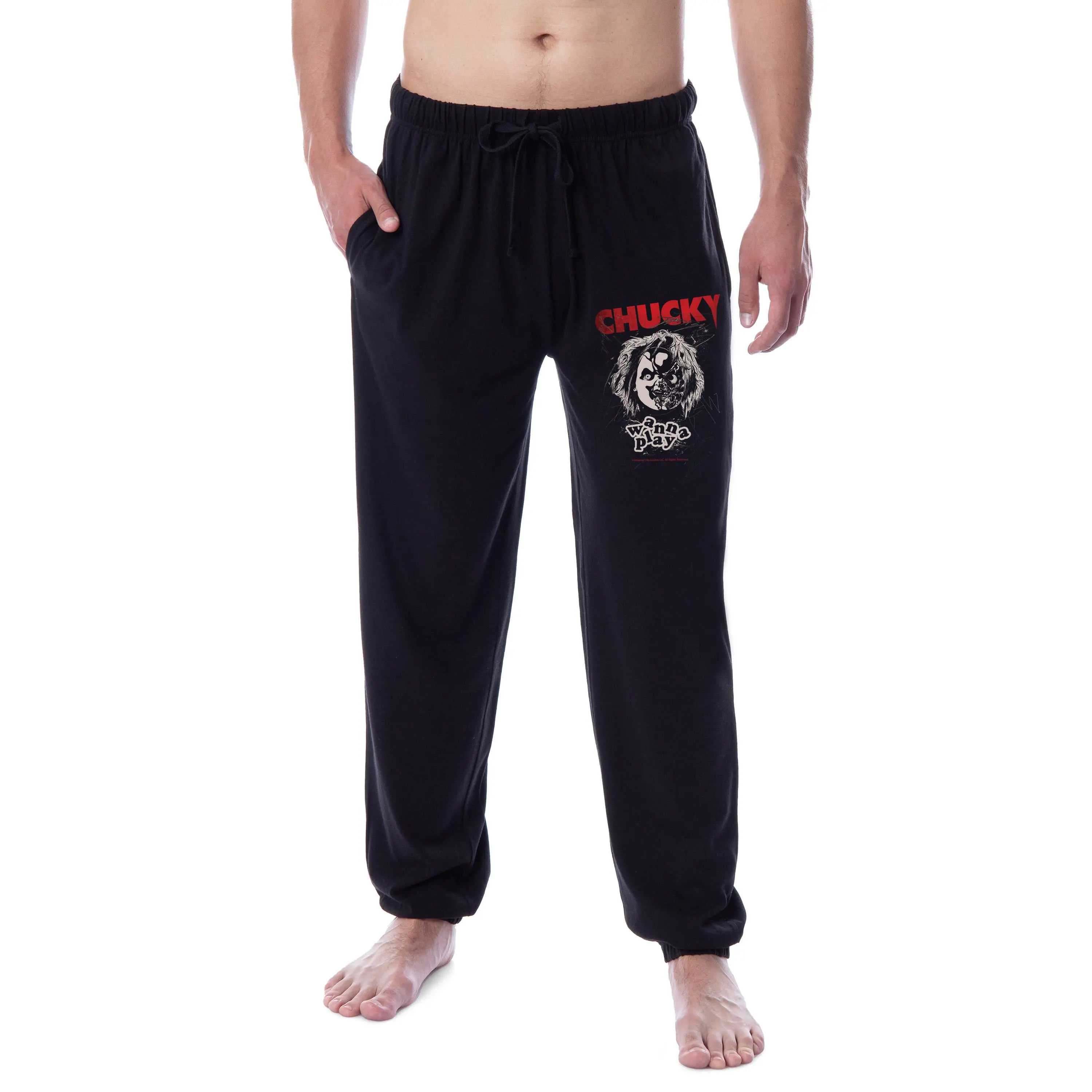Chucky Mens' Wanna Play Movie Film Title Logo Sleep Jogger Pajama Pants