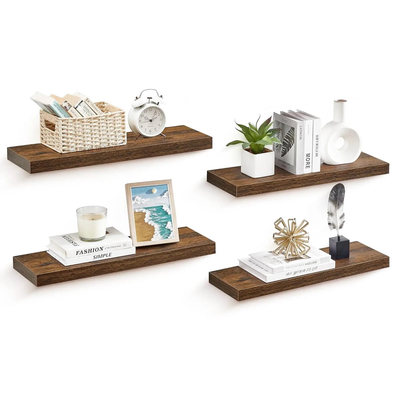 4PCS Rustic Brown Wooden Floating Wall Shelves Set - Sturdy MDF Display Shelves with Steel Brackets, Easy Installation, Ideal for Room Decor in Bedroom, Living Room, 60x20x3cm
