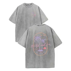 Men's Heavyweight 230g Washed Cotton T-Shirt, Retro Surf Style Tropical Beach Sunset Palm Tree Print, Light Pink & Orange Vintage Design,Loose Casual Crew Neck Short Sleeve, Soft Breathable Summer Top for Vacation & Daily Wear Menswear graphic tee t shirt