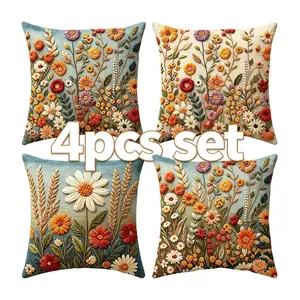 Four Farmhouse Bohemian Style Throw Covers 18 x 18 inches | Soft Embroidered Floral Throw Covers | Countryside Living Room Decor