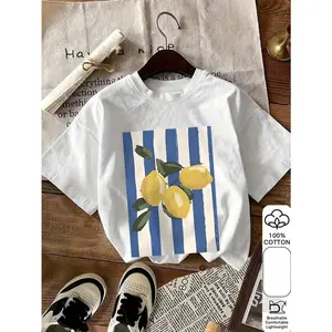 100% Pure Cotton Lemon Pattern Printed Versatile Women's Short-Sleeve T-Shirt