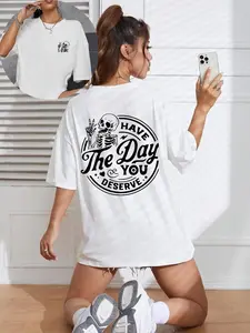 Women's Streetwear Letter & Skeleton Print Drop Shoulder Tee, Casual Half Sleeve Round Neck T-shirt for Daily Wear, Ladies Clothes for All Seasons, Spring, Tshirt, Halloween