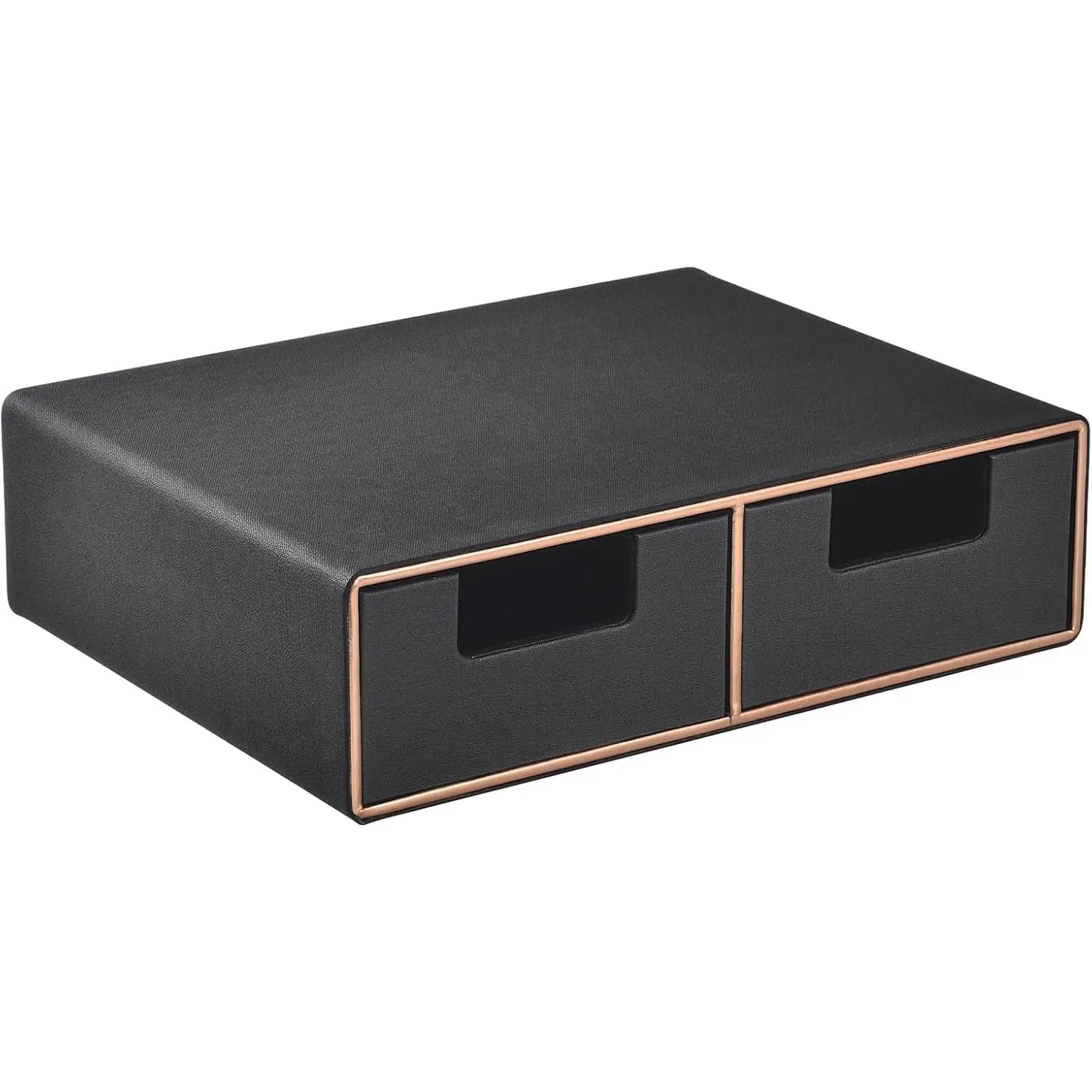 Linen Leather Desk Organizer and  stand with Drawers-Mini Desktop Drawer Organizer Stackable-Tabletop Organization Storage Box for Office Supplies  Vanity Toiletries (Black, 2-drawers)