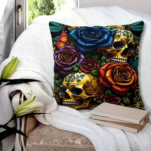 Day of the Dead Throw Pillow with Digital Print, 45cm Square Decorative with Inner Cushion, Featuring Gold Sugar Skulls & Vivid Roses on Rich Black Background, Perfect for Cozy Living Room & Halloween Home Decor