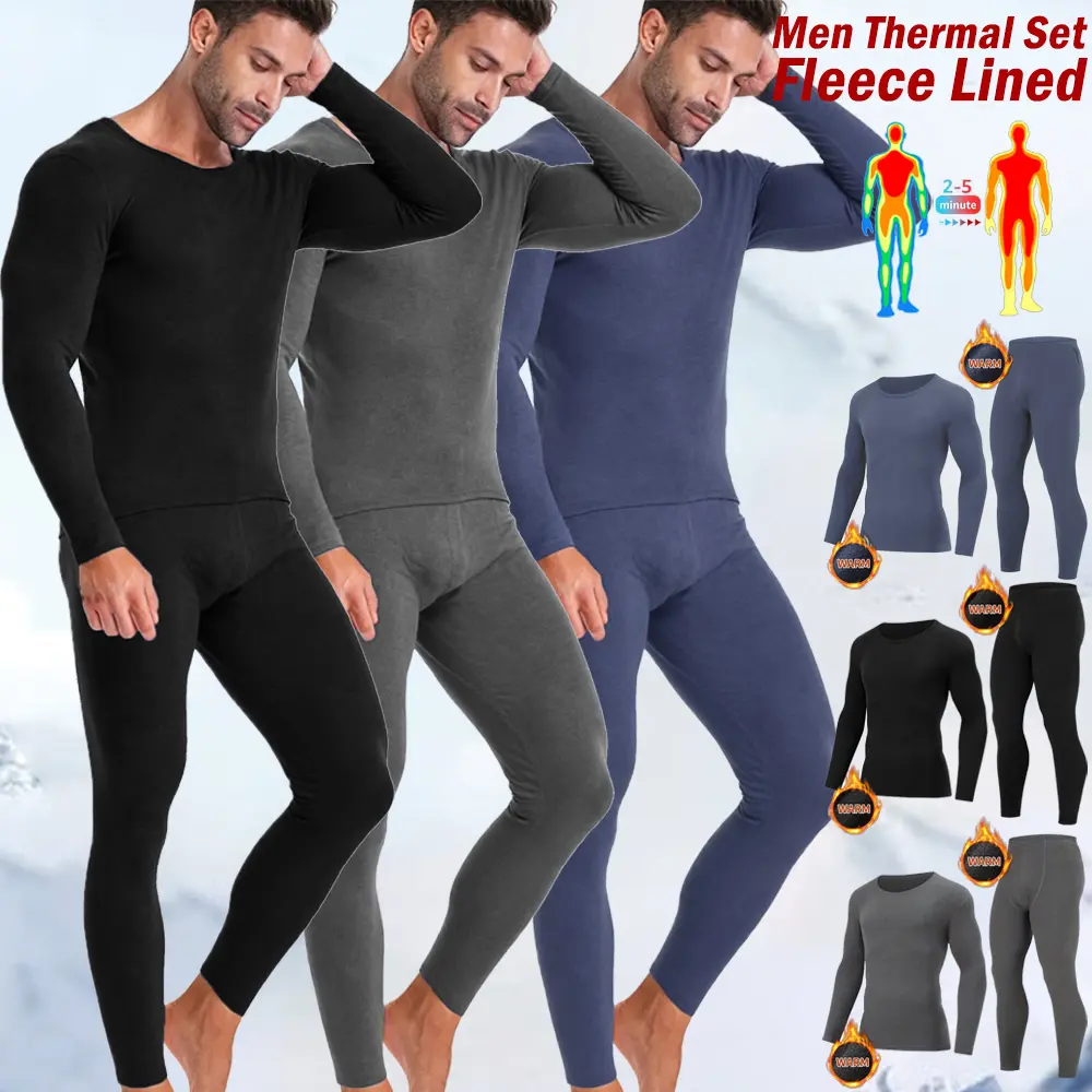 Men's Fleece Lined Thermal Underwear Set, 4-Way Stretch Long Johns, Warm & Breathable Base Layer for Skiing or Pajamas