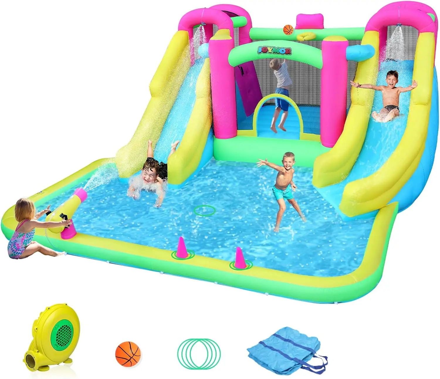 JOYMOR 10-in-1 Oxford Cloth Inflatable Bounce House with Double Slides - 2 Climbing Walls, Ring Toss, Large Pool, 1min Blow Up, 750w Air Blower, Storage Bag for Kids' Outdoor Play