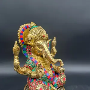 Ganesha Golden Shine with Stone Details - Handcrafted Decorative Figurine for Home & Office