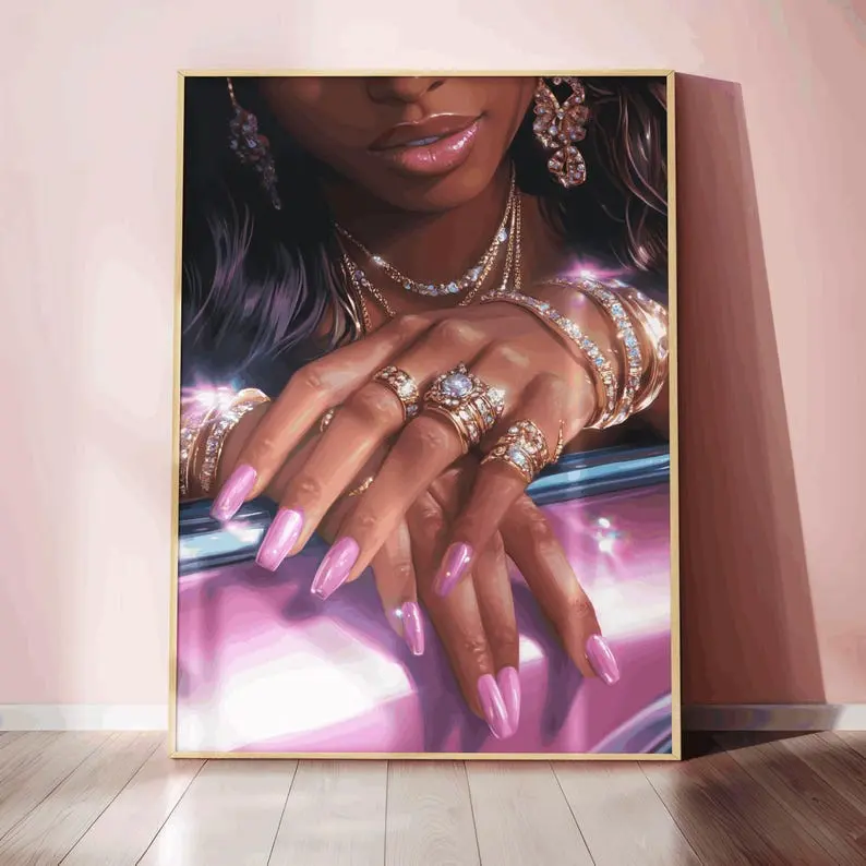 Luxury Black Girl Art, Pink Nails & Diamond Jewelry Print, Bling Aesthetic Wall Art, Barbiecore Pinkcore Trendy Room Decor
