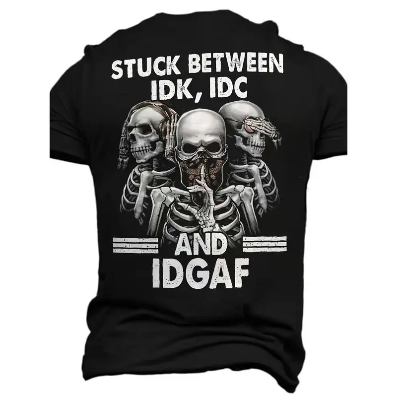 Men's Skeleton Graphic Print T-Shirt, Casual Crew Neck Short Sleeve Top, 100% Pure Cotton Knit Fabric, Fitted Cut, Round Neck