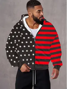 American Flag Patchwork Hooded Sports Jacket, Zip-Up Loose Fit, Streetwear Running Casual Sweatshirt, Trendy Outdoor Wear