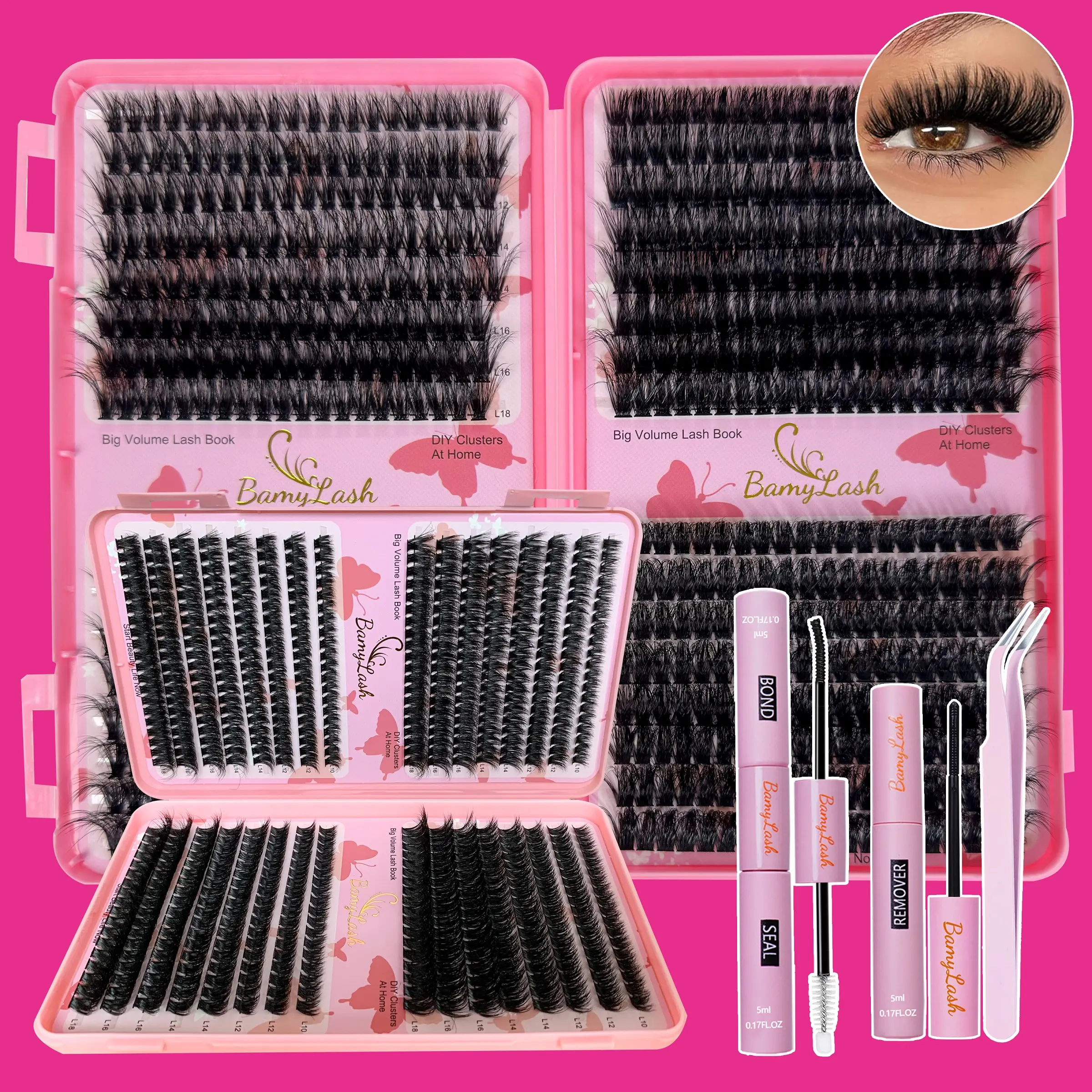 Natural Volume Look, Fluffy, Mixed Length Synthetic Voluminous False Eyelashes Set, 60D 80D Easy Apply Curling Lashes, 10-18mm Diy Lash Clusters with Bond & Seal & Remover & Tweezers, Individual Eyelashes Extension Kit