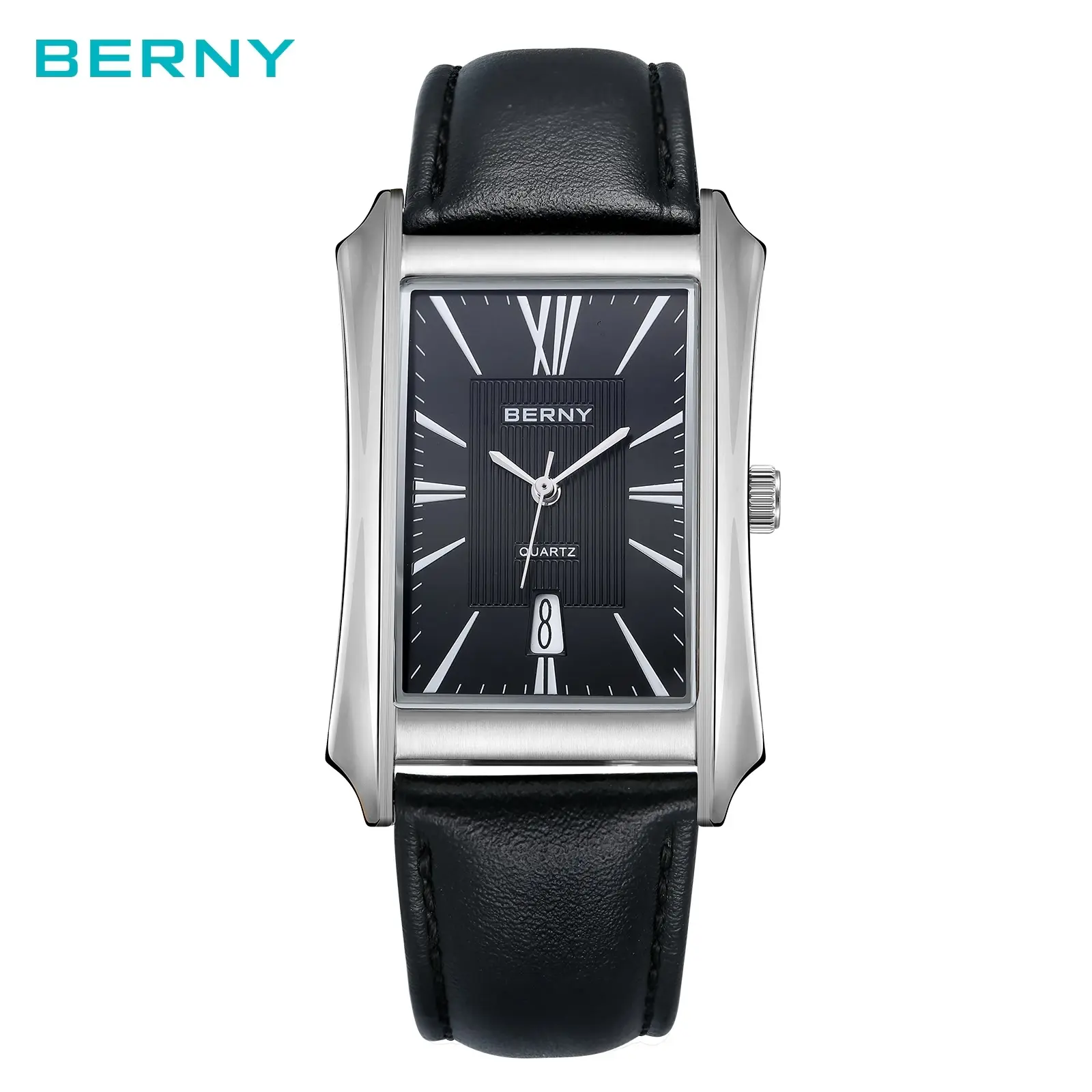 BERNY Men's Casual Quartz Watch Rectangular Dial Stainless Steel Case Leather Strap Date Display Water Resistant Classic Business Style Analog Wristwatch for Men Fashion Gift for all Occasions, Reloj de Hombre, Father's Day, Summer Wins