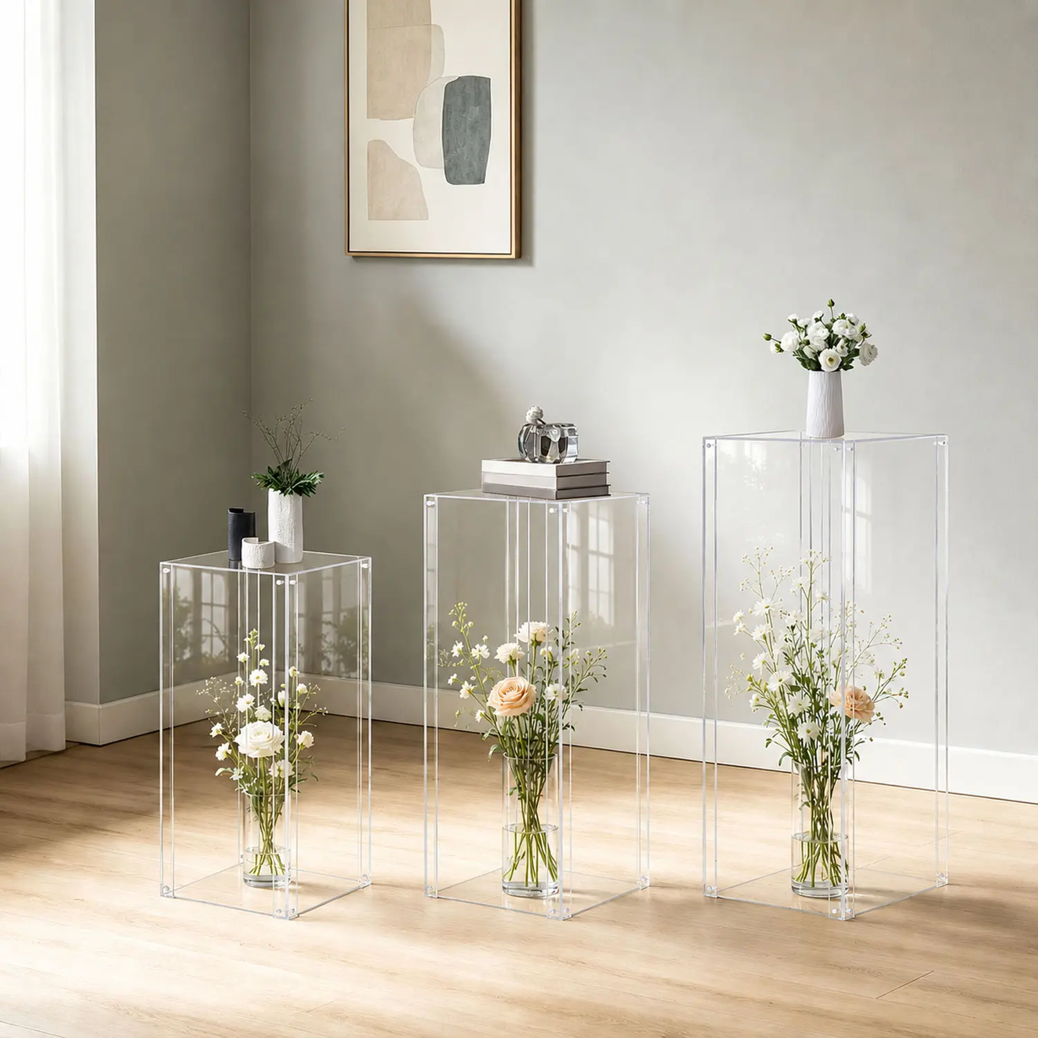 VINCIGANT 3pcs Acrylic Square Pedestal Stand Clear Display Plinth Pillars for Cake Sculptures Birthday Art Gallery Home Decor 31.5" 27.6" 23.6"