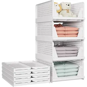 5 Pack Stackable Closet Storage Basket, Multifunctional & Foldable Closet Organizer for Bathroom Kitchen Laundry Room Wardrobe Storage, Space-Saving Clothes Storage Drawer Organizer, White