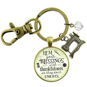 Seamstress Keychain Hem Your Blessings Thankful Grateful Womens Vintage Sewing Jewelry Gift