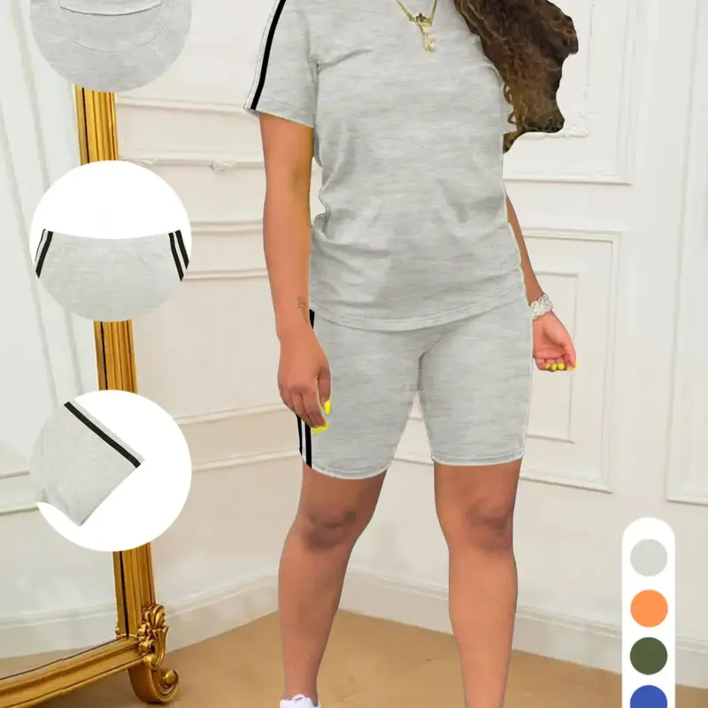 Two-Piece Set Women's Short Sleeve Tee & Shorts, Casual Fitted Round Neck T-shirt & Skinny Shorts, Ladies Summer Clothes, Womenswear, Tops Shorts Set