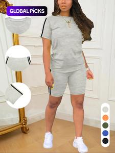 Two-Piece Set Women's Short Sleeve Tee & Shorts, Casual Round Neck T-shirt & Skinny Shorts, Ladies Summer Clothes