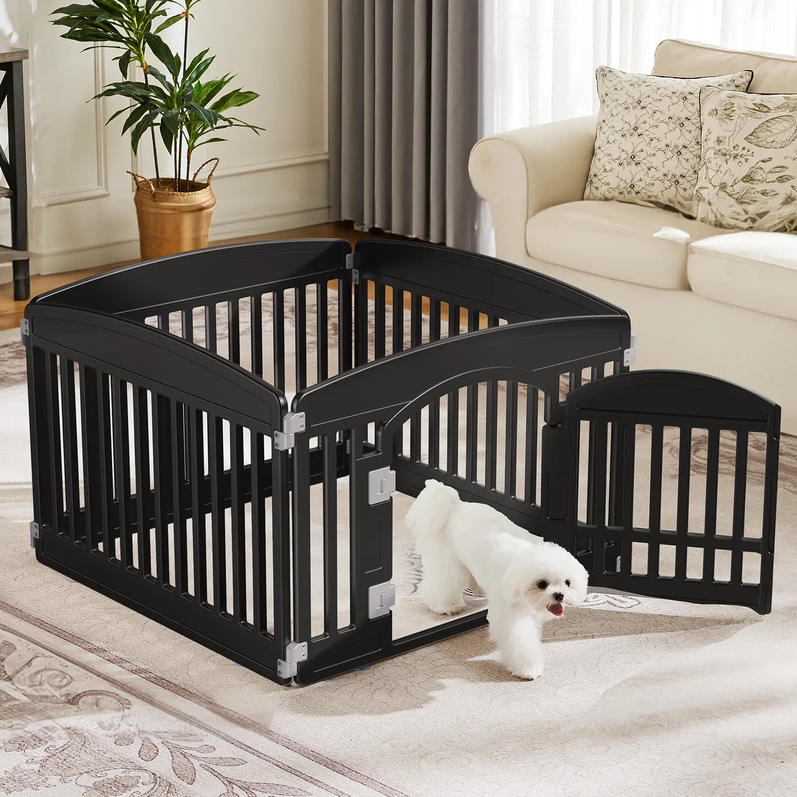 Black Foldable Pet Playpen for Indoor & Outdoor Use | 4/6 Panels with Door | Dense Bite-Resistant Non-Toxic Plastic（Anti-jump top cover sold separately） | Safe Play Area for Small to Medium Dogs & Cats