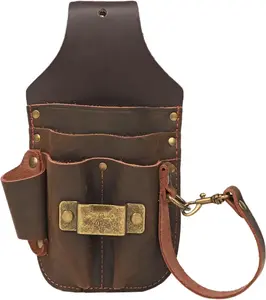 TOURBON Leather Electrician Holster Tape Thong 3 Inch Tunnel Loop Multipurpose Maintenance Tool Pouch 5 Pockets with Tape Holder for Belt