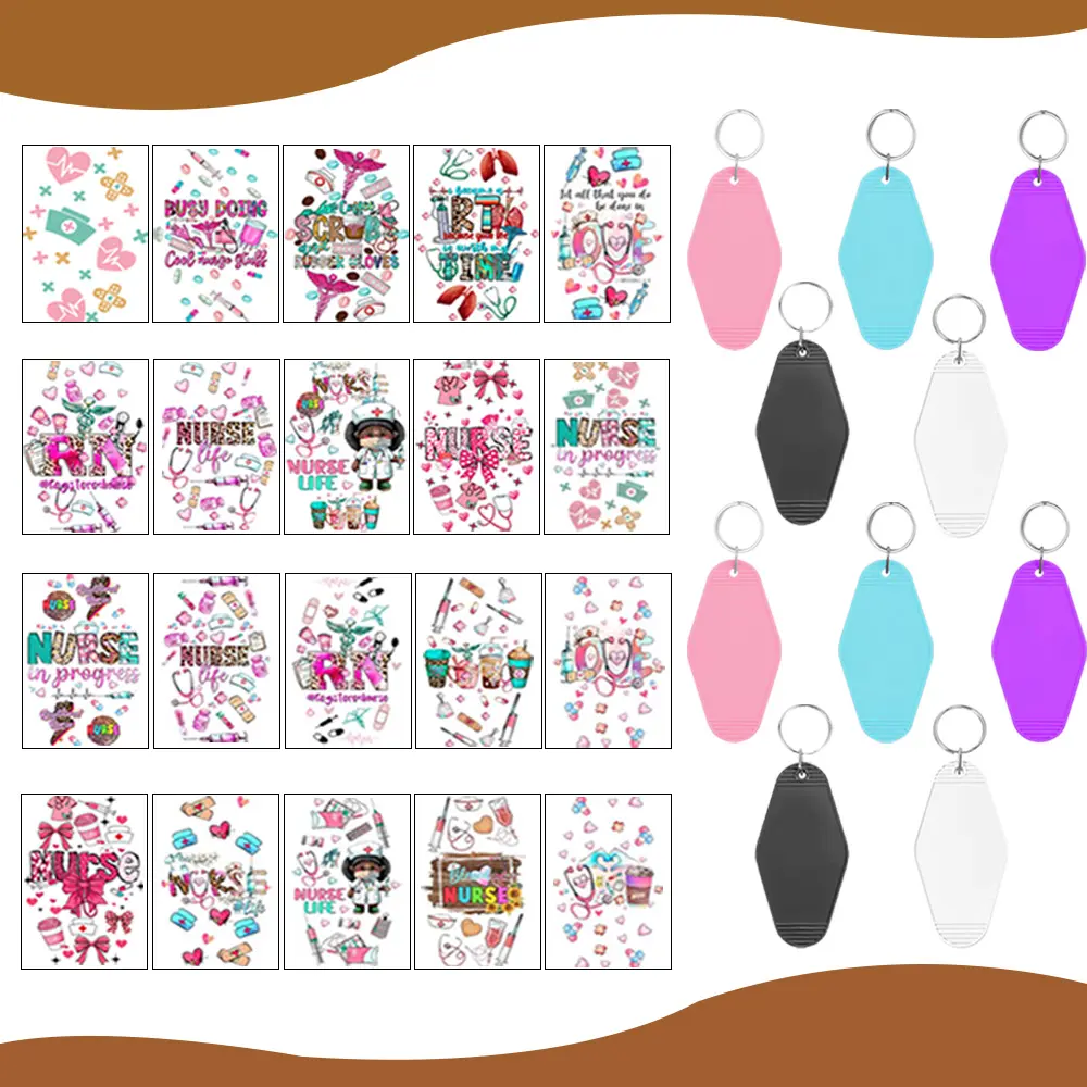 UV DTF Keychain Wraps (30pcs/60pcs) - Nurse Design, Hotel Design, Stethoscope & Coffee Themed Decals for Motel Keychains, Holiday Gifts for Hospital Nursing Professionals