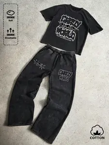 Unisex Acid Wash Dark Streetwear Set: Oversized Graffiti Print "World So Crazy" Graphic Tee & Baggy Joggers | Grunge Y2K Aesthetic Two-Piece Outfit for Skater & Hip-Hop Vibes | Soft Breathable Cotton