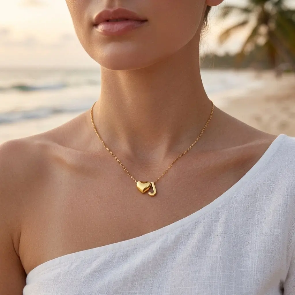 18K Gold Heart Initial Necklace - Personalized Letter Pendant, Dainty Jewelry Accessory for Women