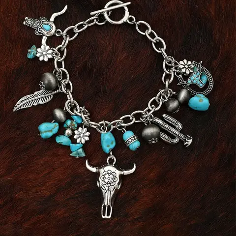 Vintage Western Cowboy Charm Decor Bracelet, Turquoise Decor Premium Bracelet for Women & Men, High Quality Bracelet, Trendy All-match & Exquisite Jewelry for Birthday Gift, Flower