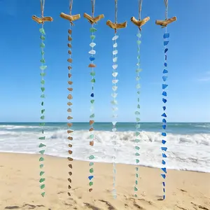 Handcrafted Sea Glass Wind Chimes with Driftwood Hanger, Ocean Blue & Coastal Décor, Long 6-String Design for Indoor/courtyard Use