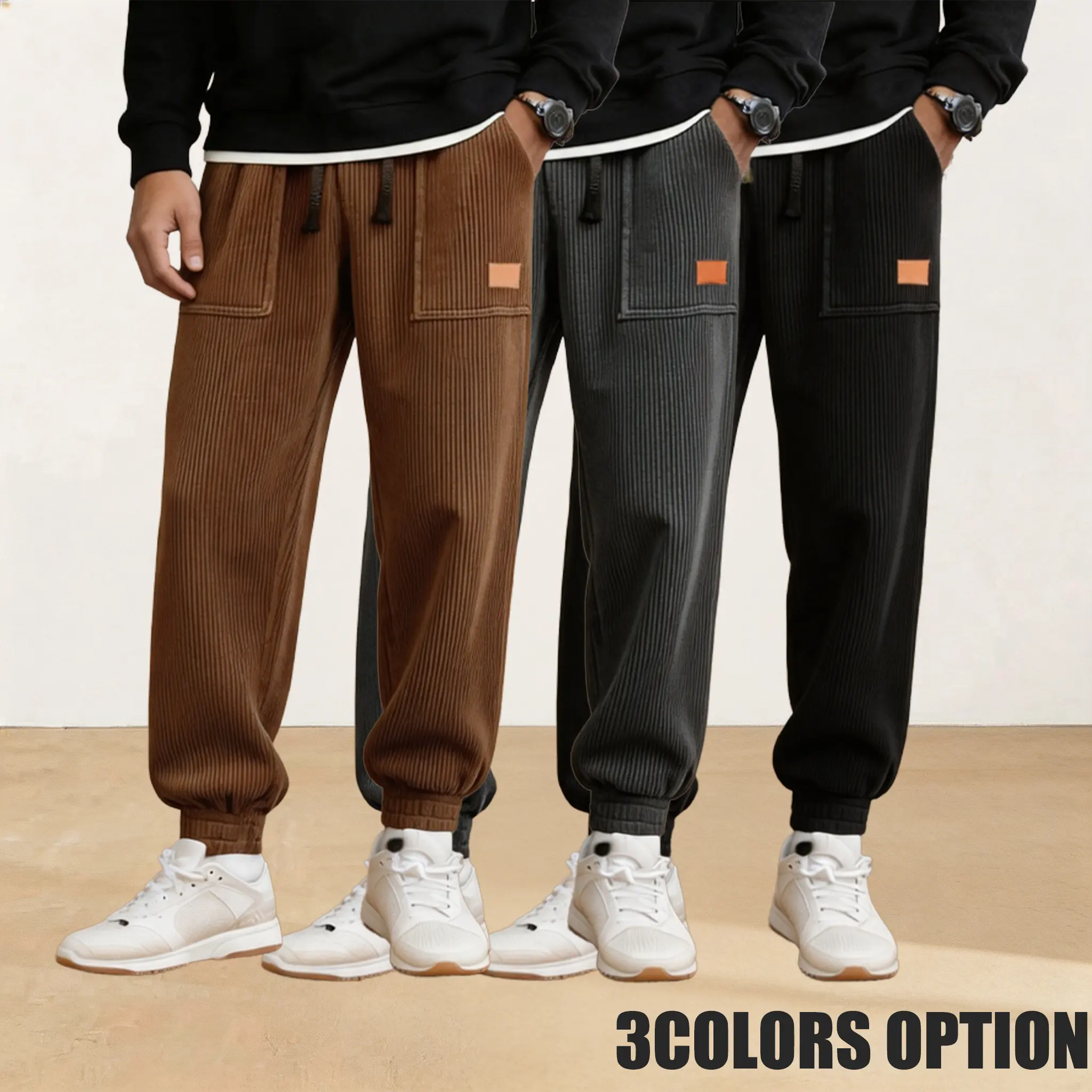 Men’s vertical ribbed corduroy jogger cargo pants, basic design with drawstring elastic waistband and large patch pockets, casual sweatpants with a retro texture and cuffed ankles, long jogging pants for street style, trendy and versatile men’s long pants
