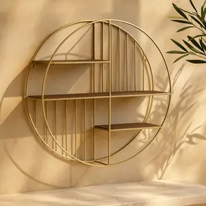 Geometric Gold Metal Circle Room Wall Shelf with 3 Wood Shelves and Linear Rods