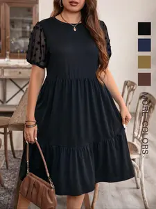 【Plus Size】 Plain Contrast Mesh Dress, Casual Round Neck Short Sleeve Dress for Summer, Women's Plus Clothing for Daily Wear, Womenswear