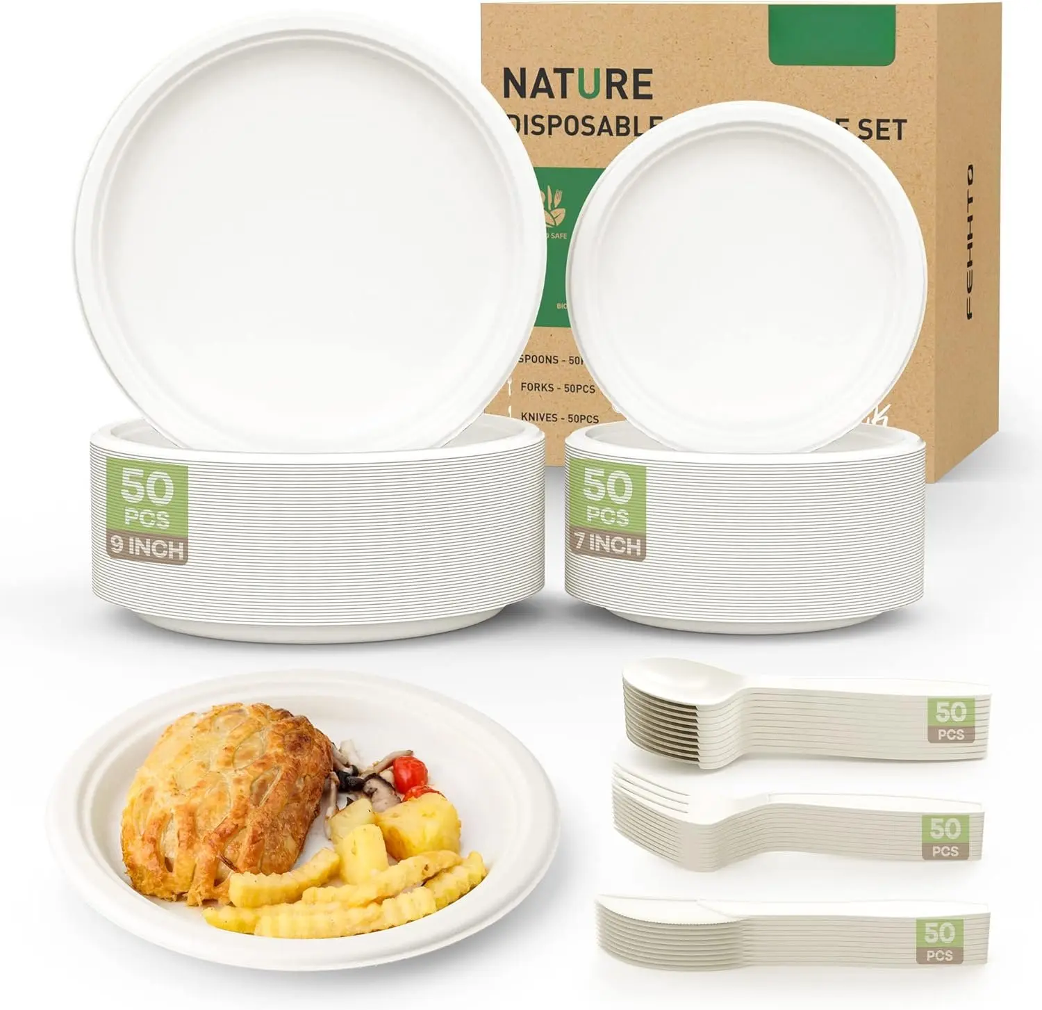 250 count Disposable Paper Plates Set and Utensils, Compostable Dinnerware 9 and 7inch Plates, Biodegradable Paper Plates, Forks,  and Spoons for Party 50 People