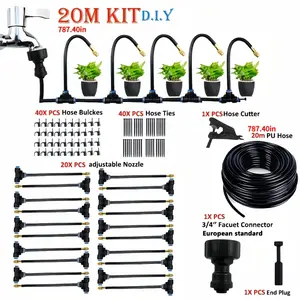 20m universal miniature drip irrigation kit, equipped with adjustable 7.87-inch sprinkler-automatic watering system suitable for balcony greenhouse and gardening, European and American thread standards, flexible and plastic hose,