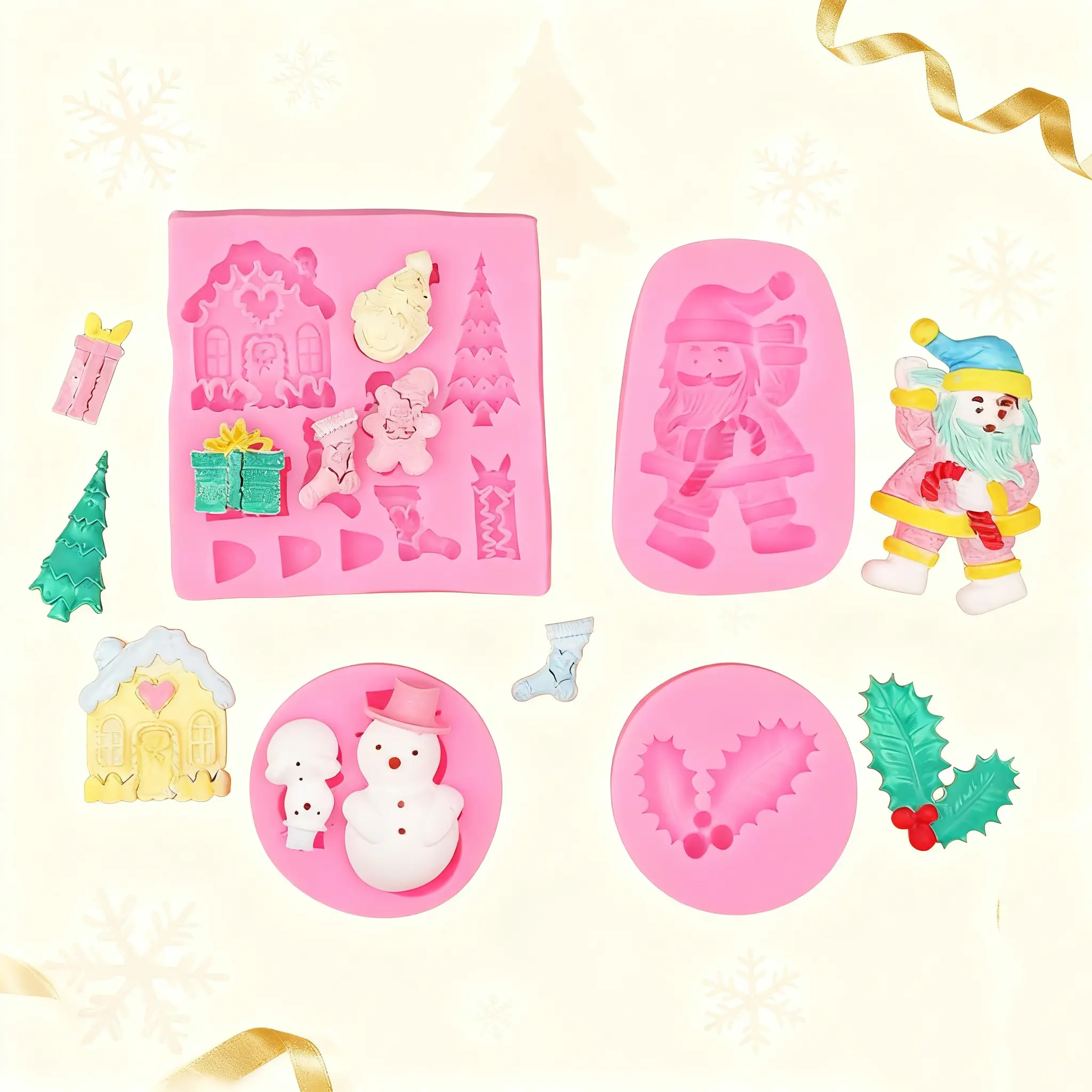 4Pcs Christmas Silicone Molds，Set  Snowman Xmas Tree  Santa Claus Holly Leaf Christmas House Chocolate Mould,Mini Cake & Fondant Molds - Gummy, Sugar, Chocolate & Cupcake Mold