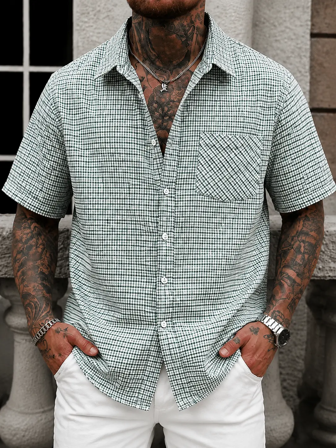 Men's Vintage Plaid Short Sleeve Button Down Shirt Lightweight Casual Summer Beach Vacation Shirt
