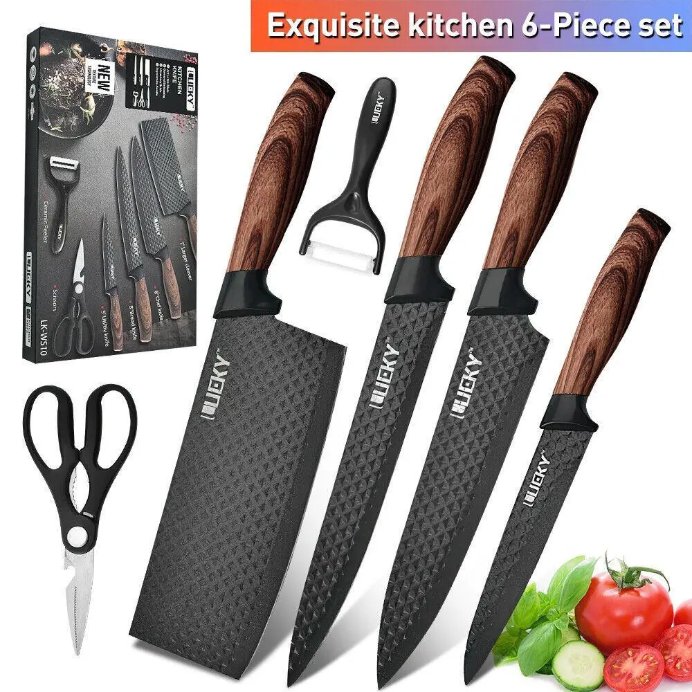 6 Piece Chef Knife Set, Black Kitchen Knife Set with Sharp Meat Knives, Non-Stick Stainless Steel, Wood Handle, Chef Knife, Small Cleaver, Meat Cleaver, Paring Knife