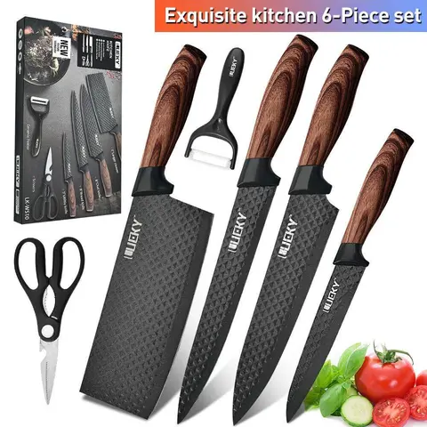 Black Non-Stick Kitchen Knife Set, 6 Piece Stainless Steel Chef Knives with Wood Handle, Includes Cleaver Paring Knife & Scissors Peeler, Holiday BlackFridayGift
