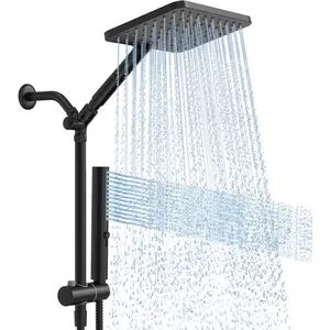 Shower Heads with Handheld Combo, 10 Inch High  Rain Shower , Height Adjustable Dual 2 in 1 Shower  System with Stainless Steel Hose, Matte Black
