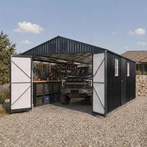 12x20 FT Metal Garage Shed, Extra Large Storage Shed with Double Hinged Doors, 4 Windows, Heavy Duty Carport for Vehicles, and Equipment Storage, All-Weather Outdoor Metal Building