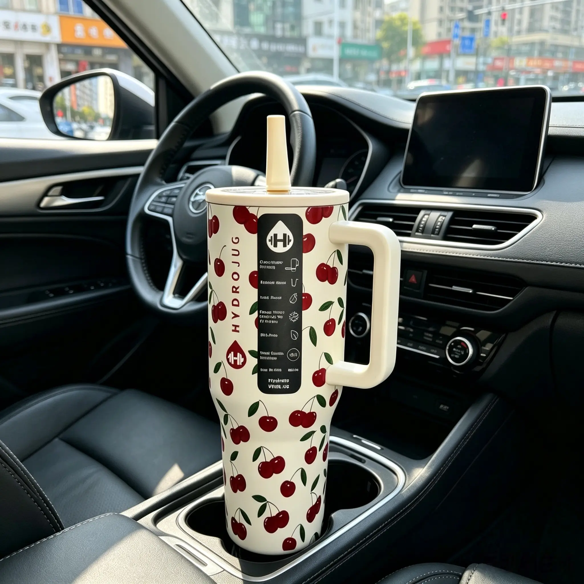 HydroJug 40oz Cherries Print Insulated Bottled Travel Tumbler - Leakproof Drinkware with Handle & Straw, Cup Holder Friendly, 24H Cold Stainless Steel Flask for Gym, Car