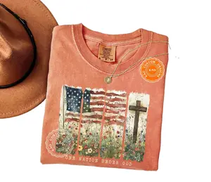 Comfort Colors Retro Christian USA T-Shirt, 4th Of July Shirt, One Nation Under God, Religious Patriotic Tee,  Vintage USA Flag Streetwear