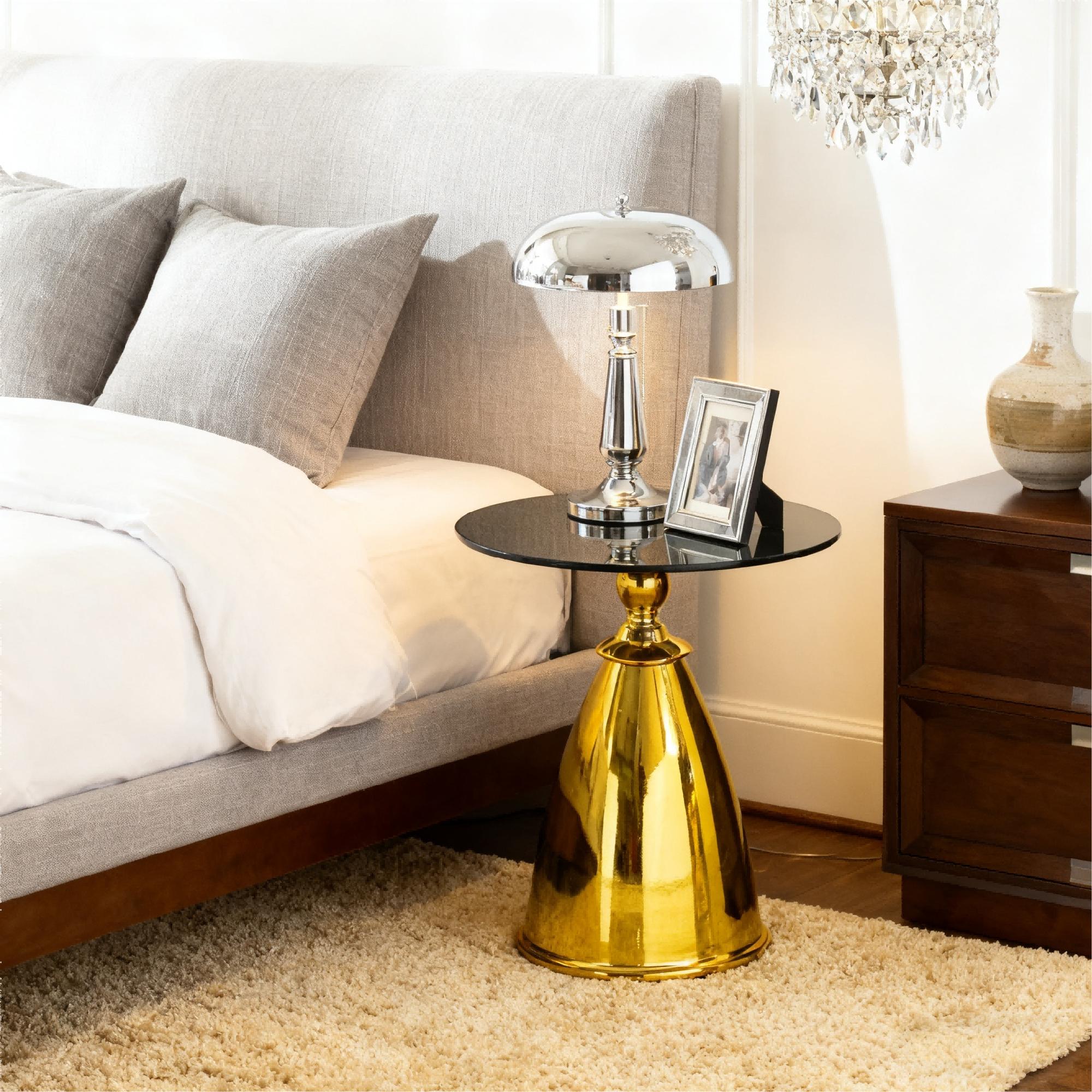 Round Side Table With Glass Top,Modern Gold End Table with Carbon Steel Base,17''Glass Table for Living Room,Small Table for Small Place,Golden Balcony Table for Tea,Circle Sofa Table Glass,for Bedroom/Couch,Living Room Table Office Apartment Home
