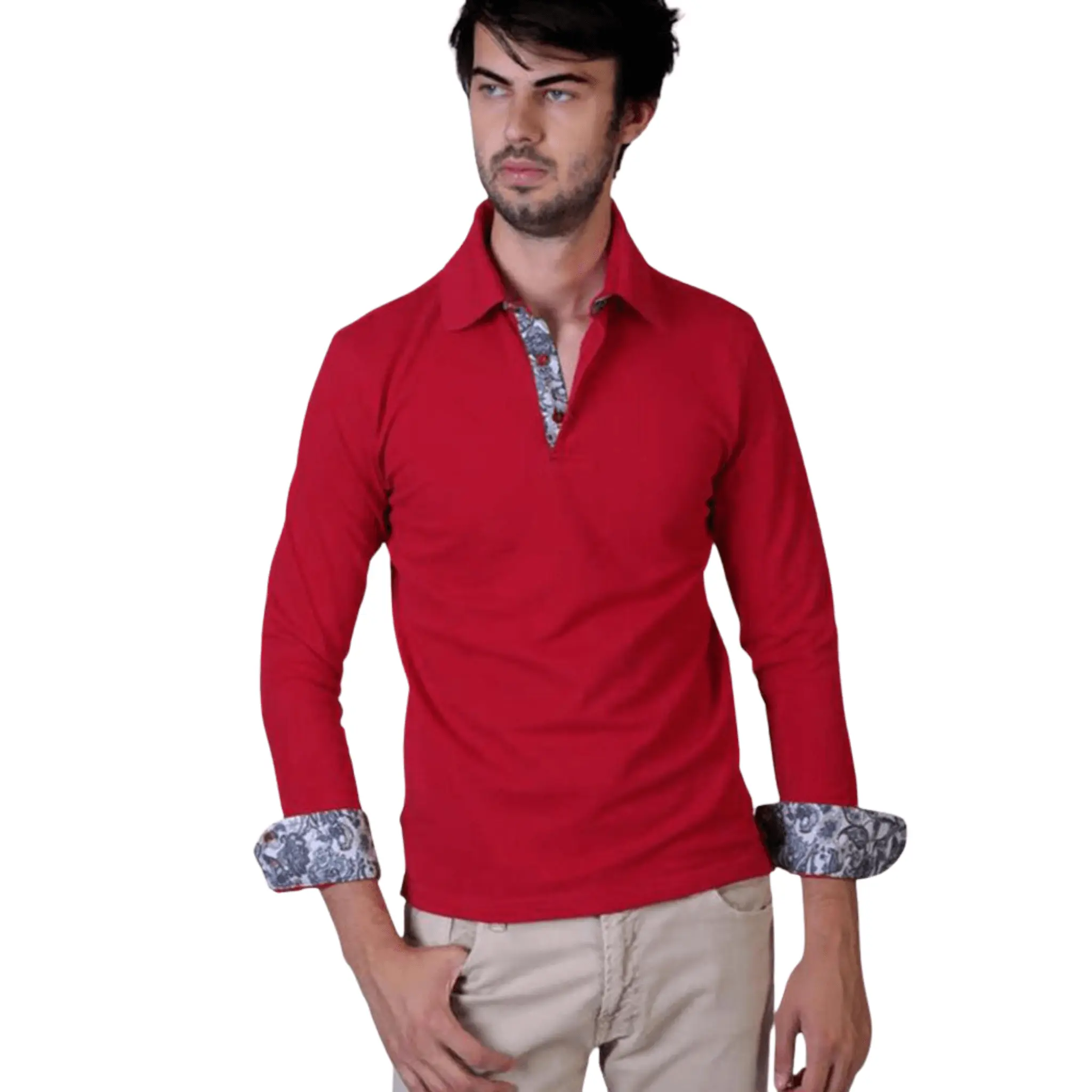 Men's Slim-Fit Red Paisley 3 Button Designer Polo Shirt