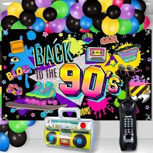 90'S Party Decorations Back To The 80S 90S Banner Hip Hop Backdrop With Inflatable Radio Boombox Inflatable Mobile Phone Balloons For 80S 90S Party Themed Photo Booth Background Party Supplies