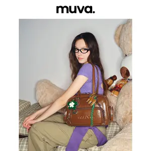 Muva Split cow leather Oil Wax Retro Bowling Bag Large Capacity Shoulder Underarm Bag Women's Leather Multi-Pocket 2024 Autumn and Winter New