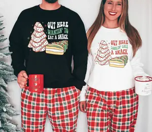 Out Here Lookin Like a Snack Christmas Tree Cake Funny Matching Couples Christmas Sweatshirts, His and Hers Couples Christmas Pajamas