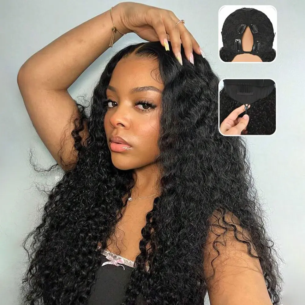 [V Part]Bling Hair V Part Wig Human Hair Deep Wave 180% Density Curly Wigs Glueless with Drawstring 16-28 Inch Natural Black No Leave Out No Sew In V Shape Clip In Half Wig for Women Beginner Friendly